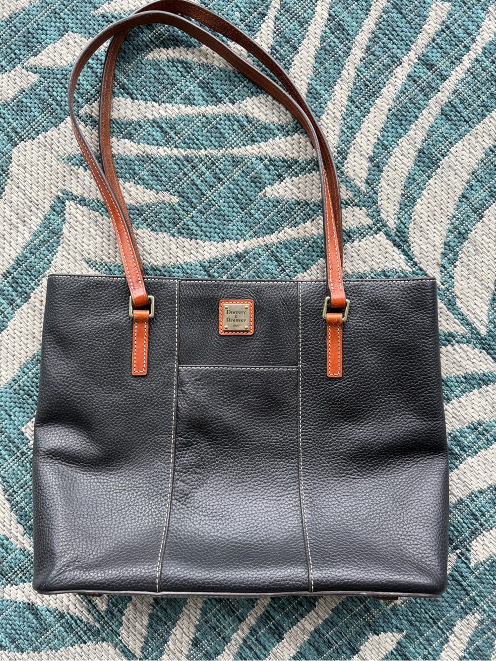 Dooney & Bourke Black Pebbled Leather Tote with Brown Straps